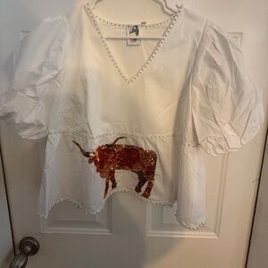 Queen of Sparkles longhorn peplum poof sleeve top